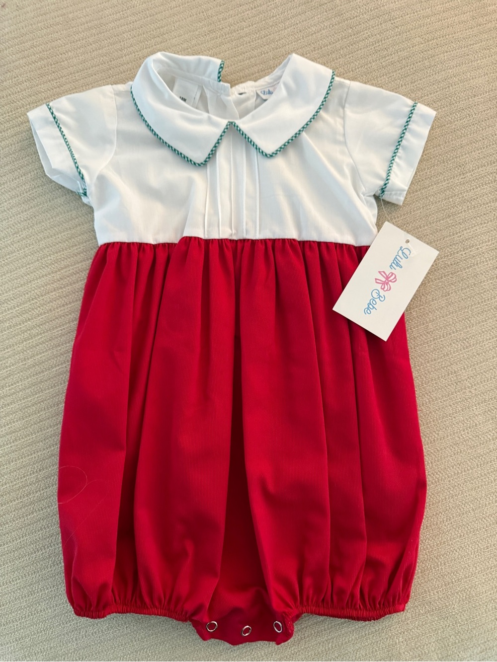 Lulu Bebe Red and White Baby Bubble Romper with Green Trim, NWT